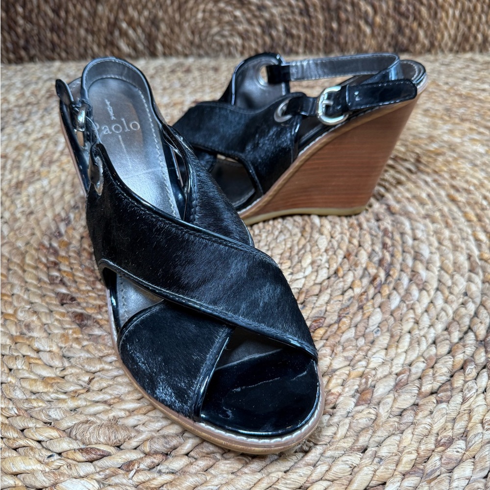 Paolo Black Hair On Wedge Heels Sandals